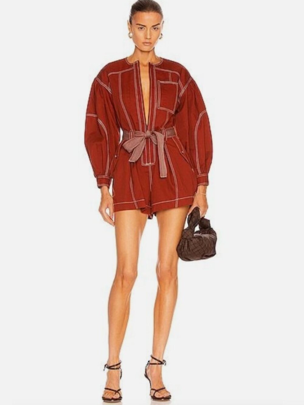 Ulla Johnson Red Brick Delta Jumpsuit Cotton Romper with Tie Waist Size 8 M EUC